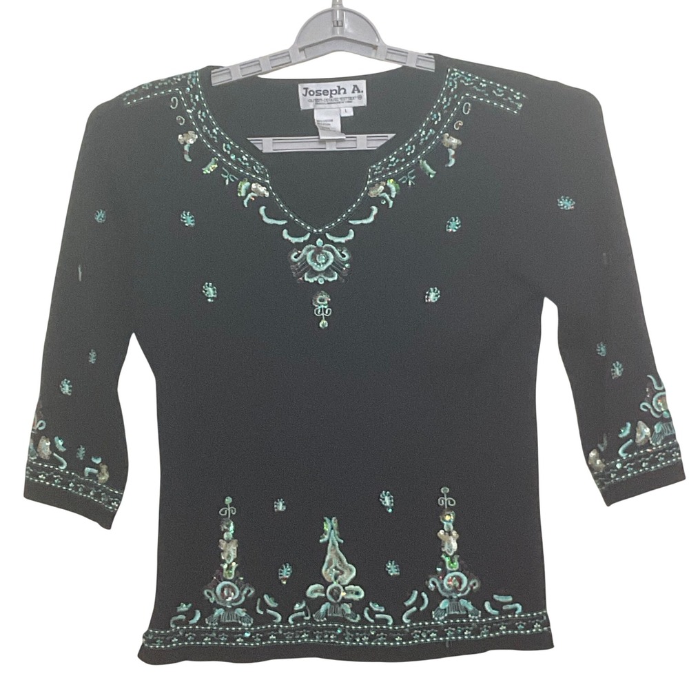 Joseph A. Sweater Top Women Large Black Excellence Embroidered Sequin 3/4 Sleeve